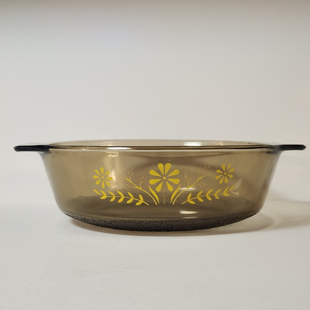 Vintage Glasbake Yellow Daisy Glass Smoked Amber Jeanette Casserole Dish